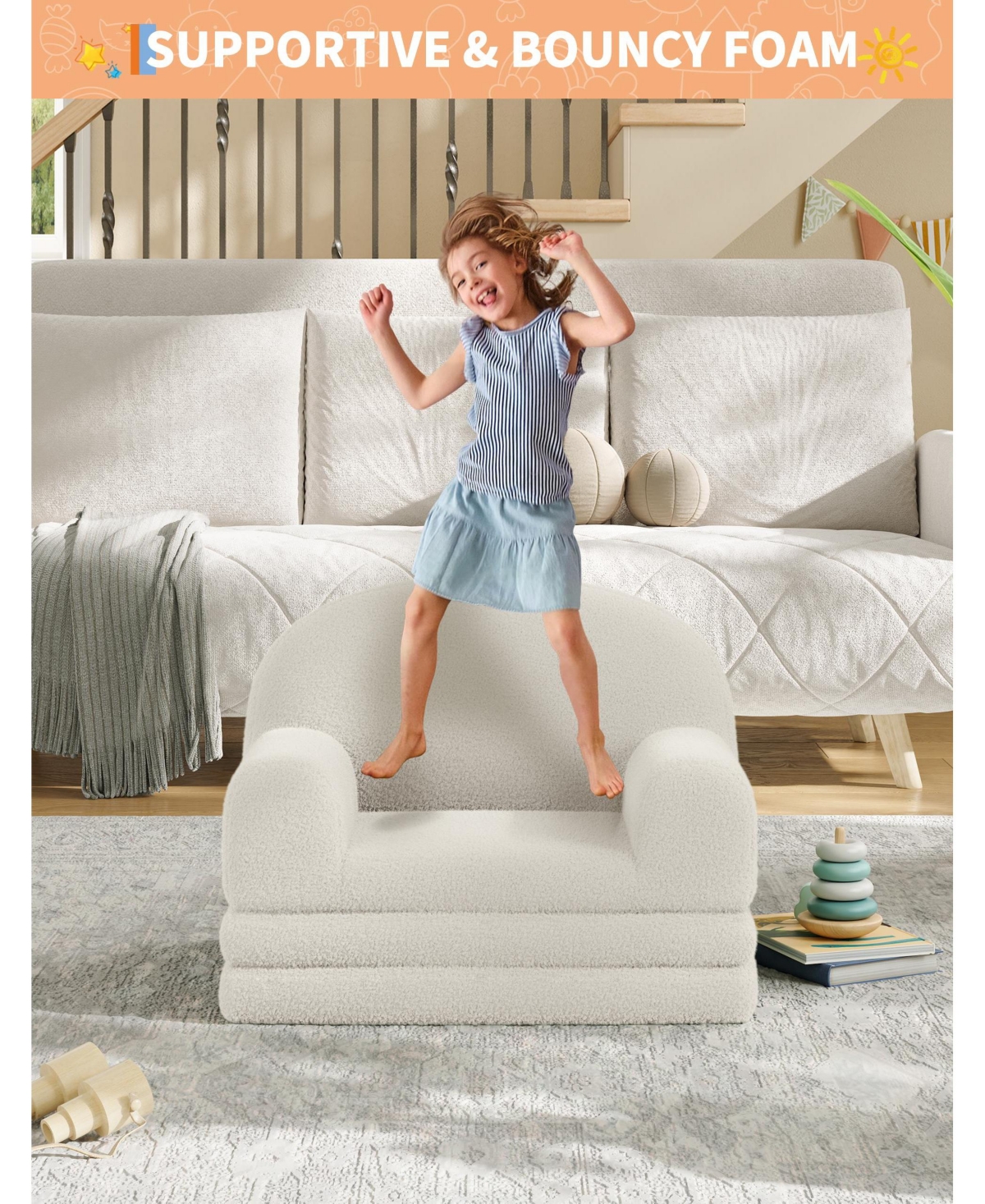 Convertible Kids Sofa, 2-in-1 Fold Out Kids Lounge Chair and Toddler Soft Couch for Playroom Nursery