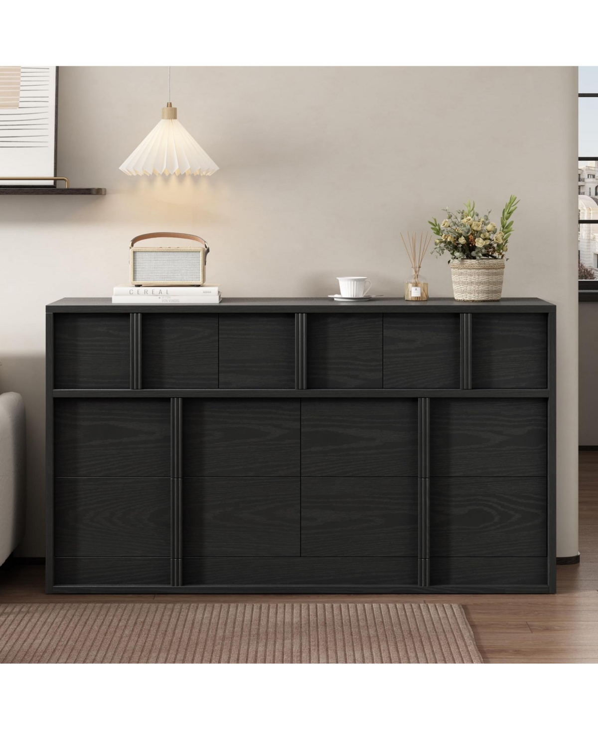 54" Wood Storage Dresser - 7-Drawer Cabinet, Tv Stand for Up to 65" Tv, Media Chest with Elegant Pulls, Modern Organizer, Black