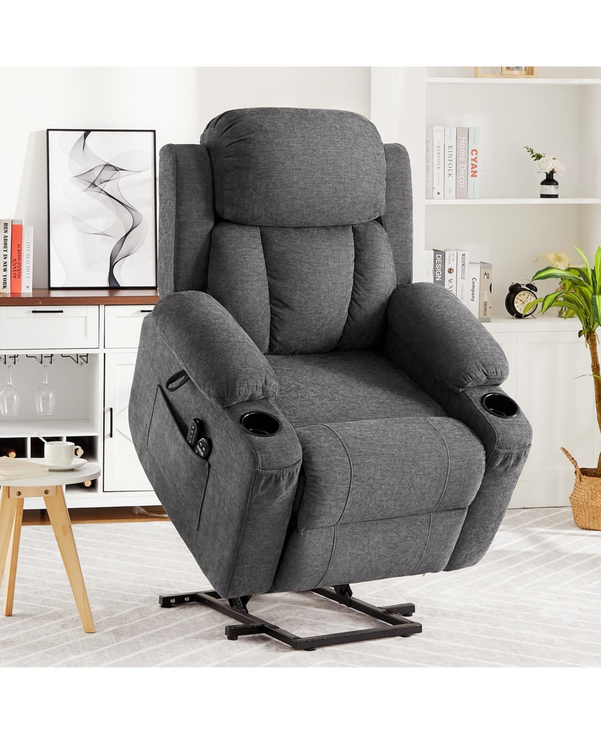 Oversized Chenille Power Lift Recliner with Heat, Massage and Memory Remote, Usb, Cup Holders,Grey