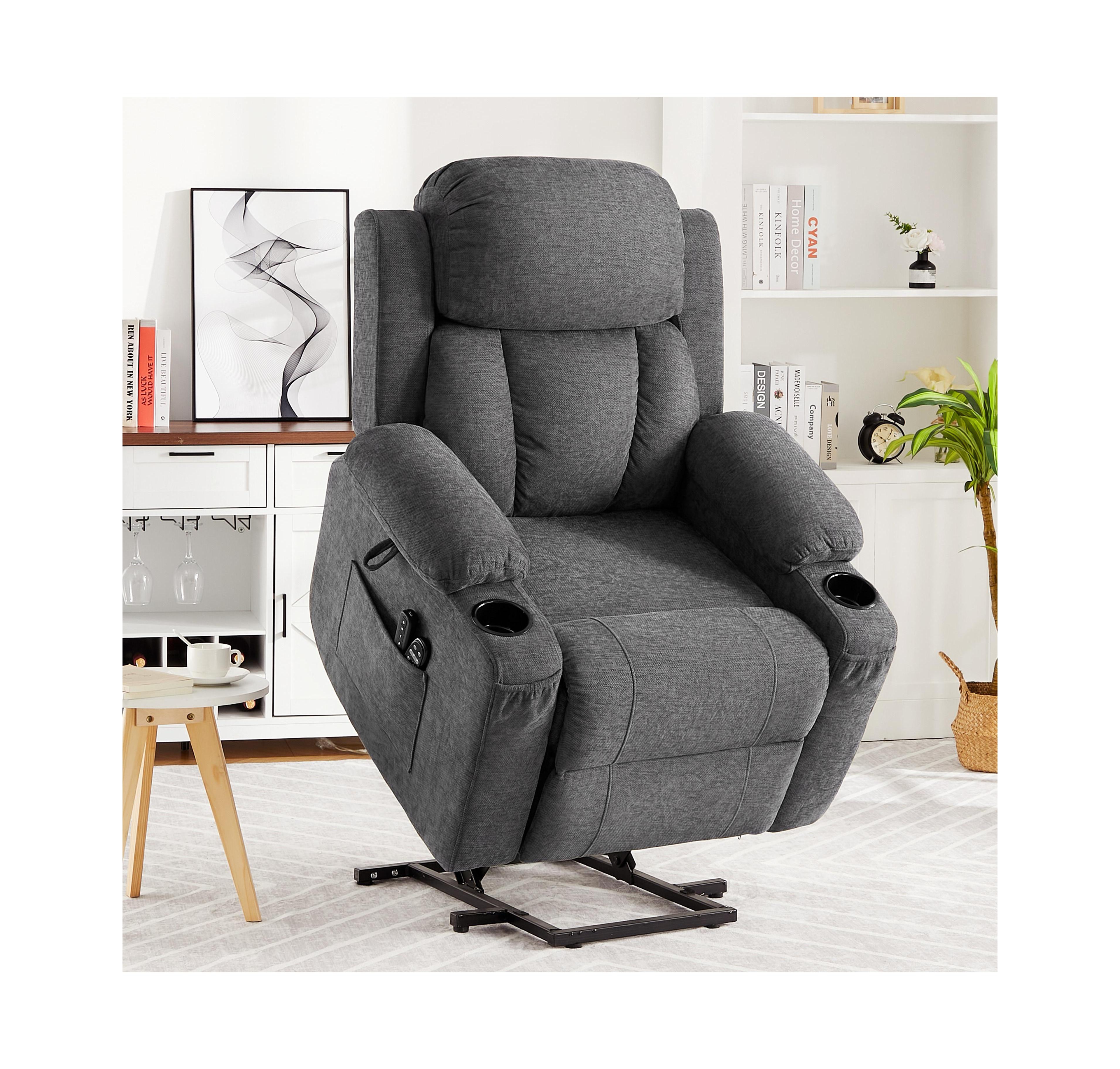 Oversized Chenille Power Lift Recliner with Heat, Massage and Memory Remote, Usb, Cup Holders,Grey