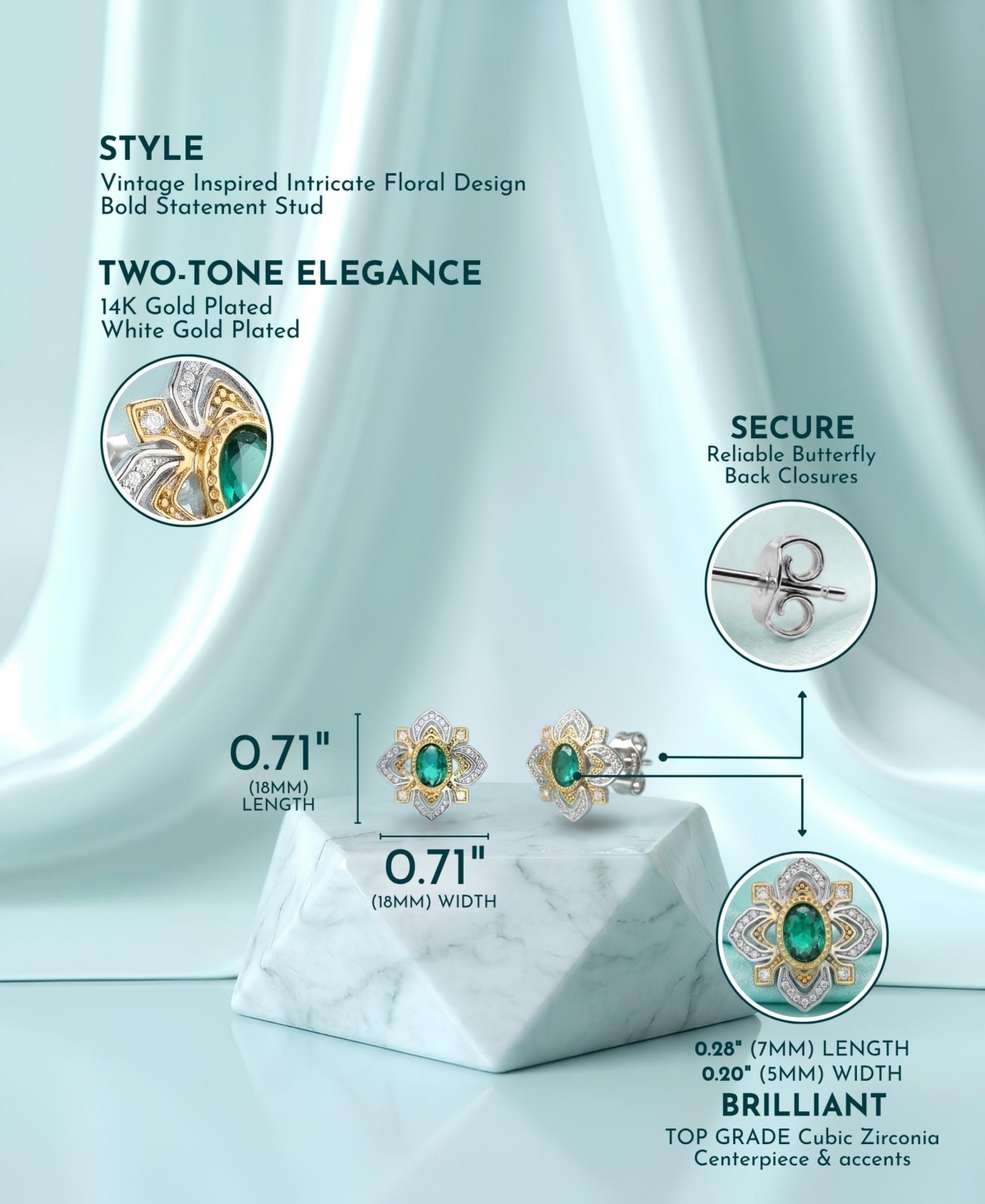 Classy White Gold Plated and 14K Gold Plated with Cubic Zirconia Stud Earrings