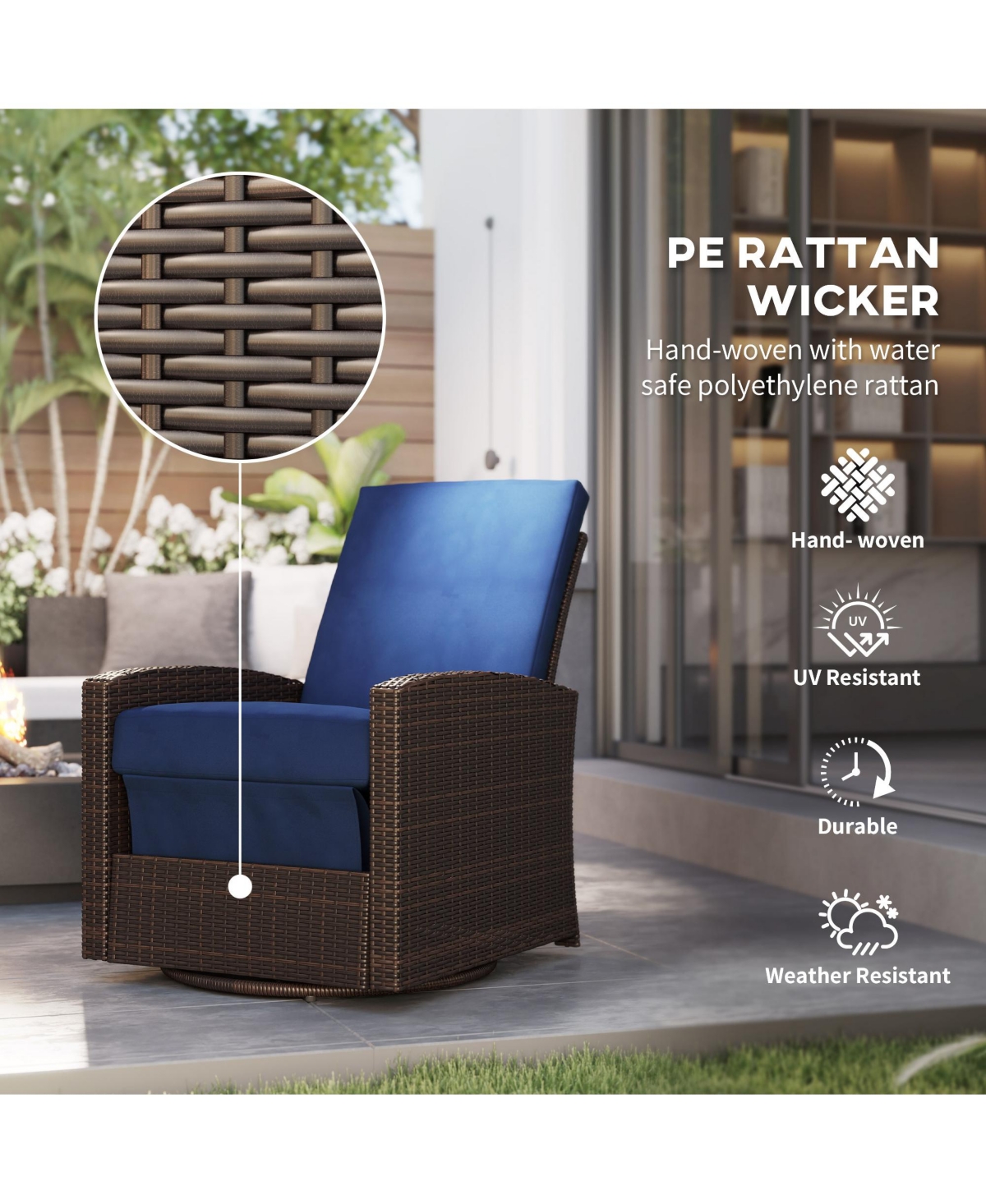 Outsunny Outdoor Wicker Swivel Recliner Chair, Reclining Backrest, Lifting Footrest, 360° Rotating Basic, Water Resistant Cushions for Patio, Dar