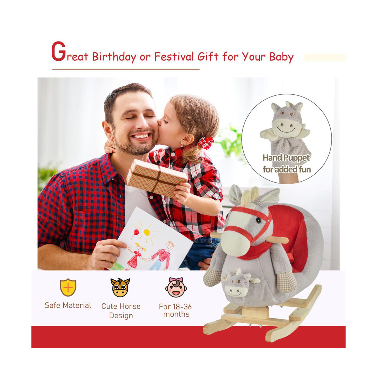 Детская мягкая игрушка YOBTOP Rocking Horse Plush Fabric Lullaby Ride-On with Hand Puppet, Ages 1+, цвет: Серый — фото 4