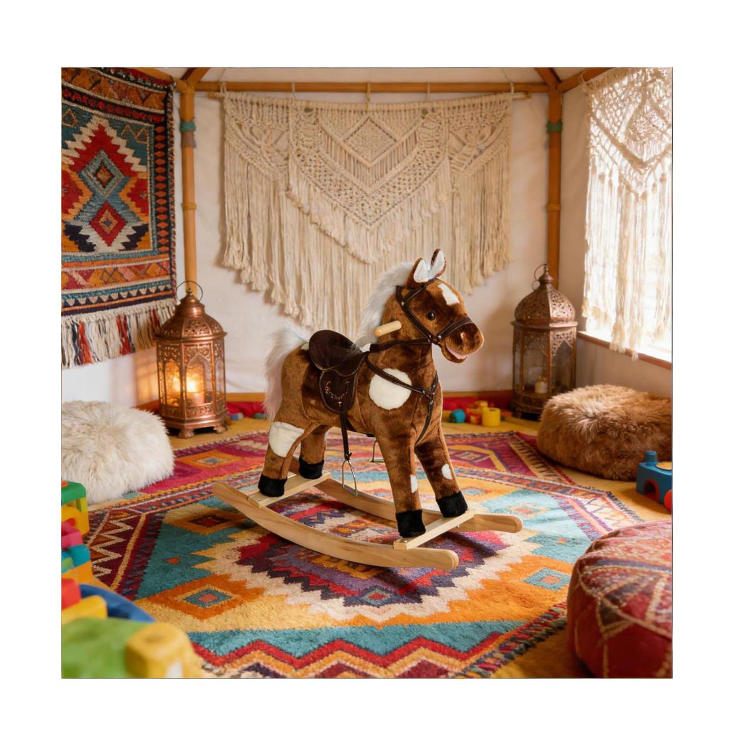 Детская мягкая игрушка YOBTOP Kids Plush Rocking Horse Toy - Toddler Ride On Pony with Tail Wagging and Music, Soft Plush Body, Sturdy Metal Frame, Safe Rocking, цвет: Коричневый — фото 2