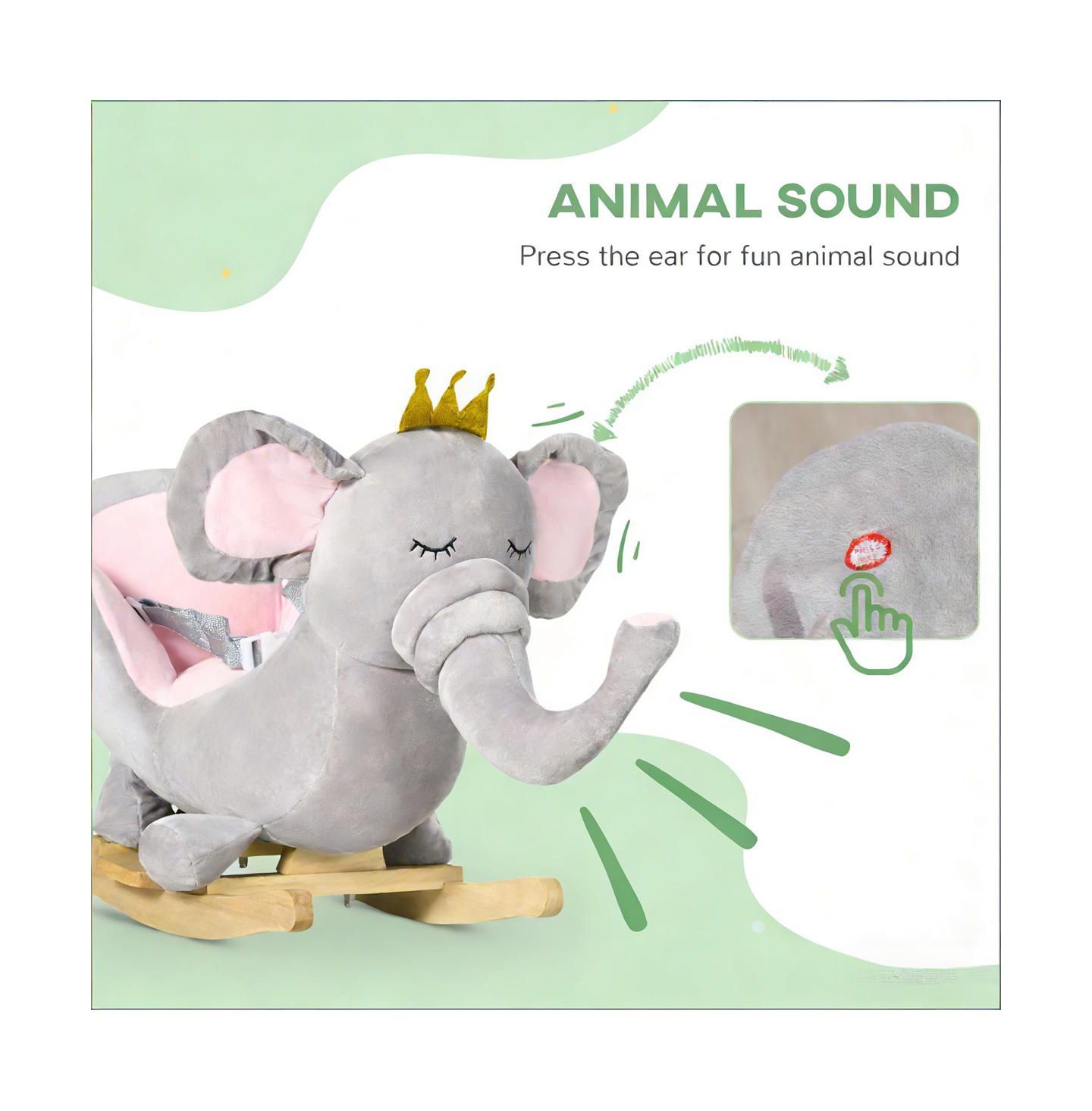 Детские мягкие игрушки YOBTOP Elephant Rocking Chair - Toddler Plush Rocker with Sound Effects, Safety Belt, Sturdy Frame, цвет: Серебряный серый — фото 5