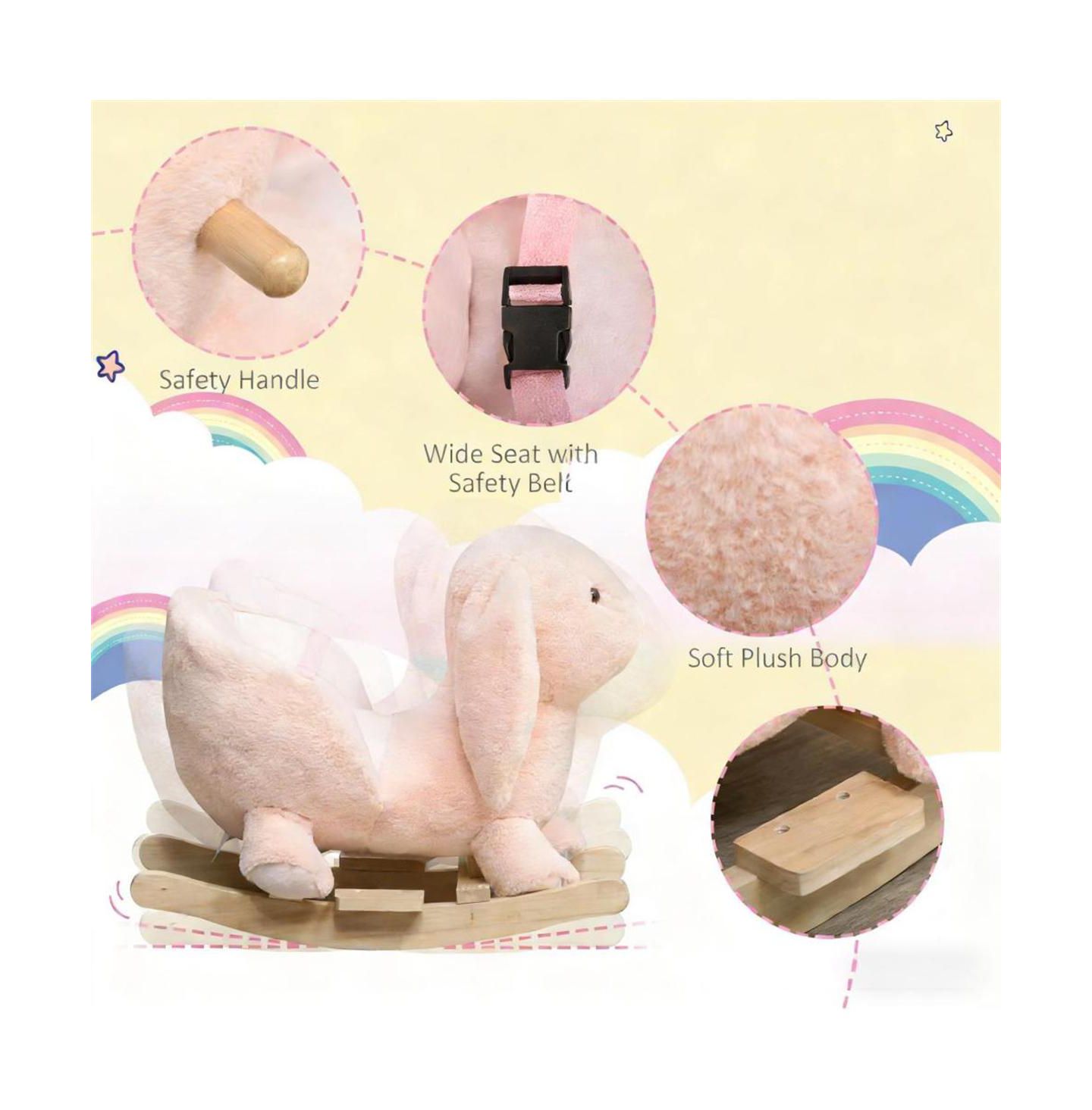 Детские мягкие игрушки YOBTOP Bunny Rocking Horse - Rabbit Wooden Plush Ride-on Toy with Sound Button, Seat Belt and Handlebars, Solid Steel Frame, цвет: Розовый — фото 5