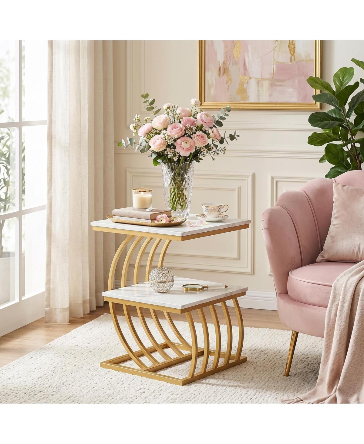 Tribesigns 2-Tier Modern Glam Gold End Table,Faux Marble Side Table