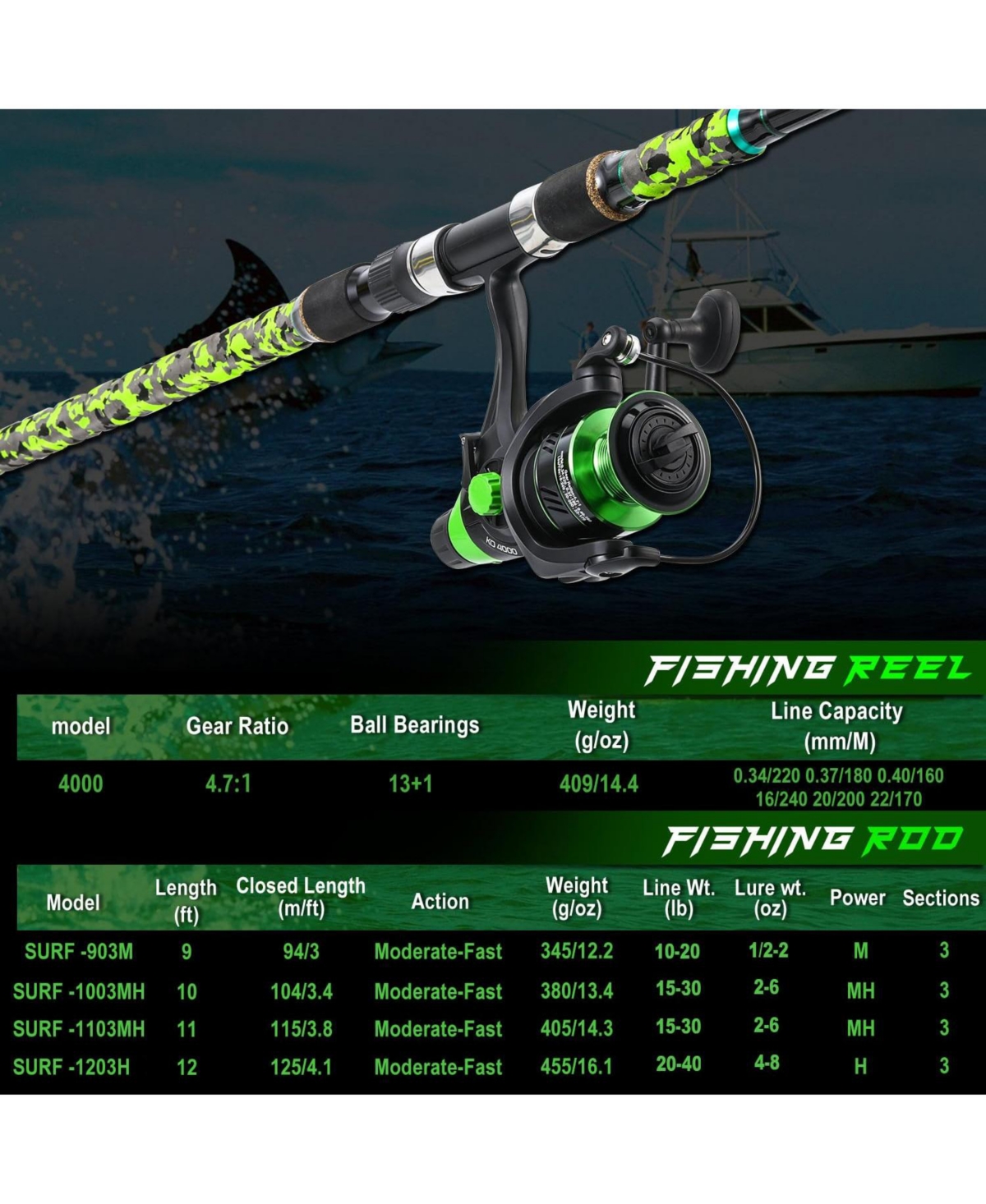 Aofar 9feet 3 Piece Surf Fishing Rod Reel Combo Spinning Baitfeeder With 5000 Size Reel - Green