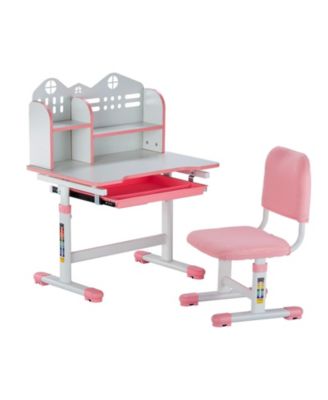 Children's Study Table and Chair Set with Bookshelf, Adjustable Height Desk and Storage Drawer