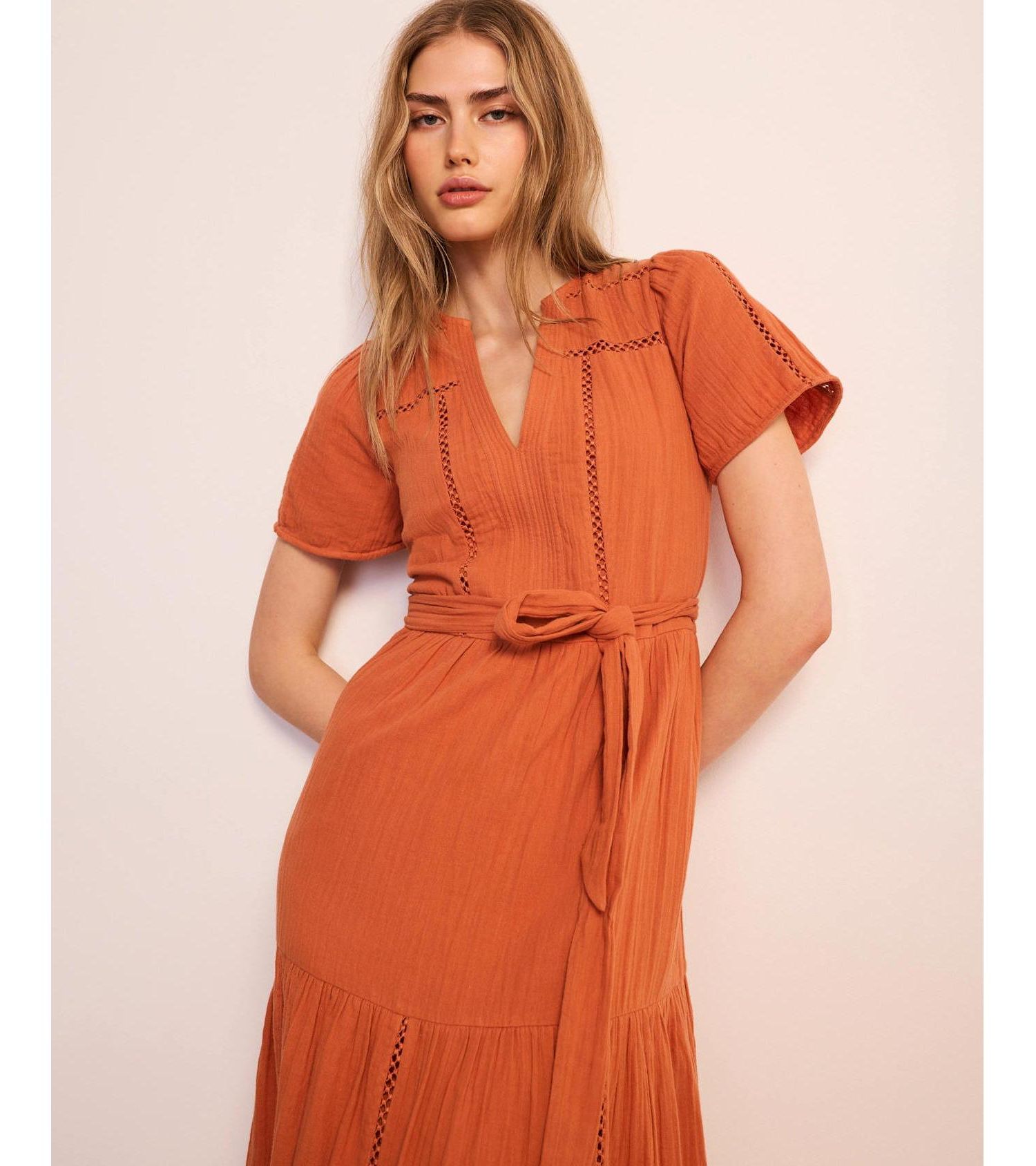 Women's V-Neck Short-Sleeve Cotton Cheesecloth Maxi Dress