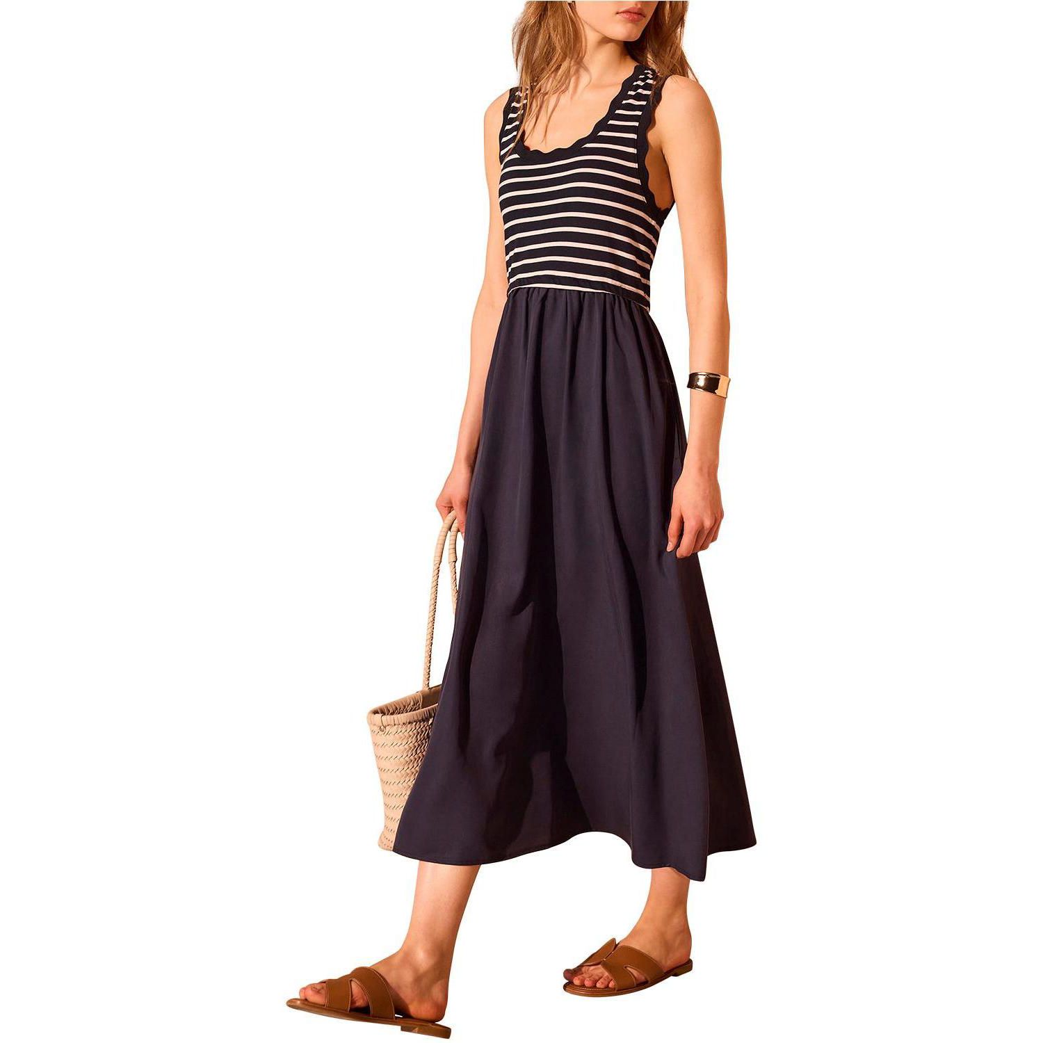 Women's Striped Scallop Trim A-Line Dress