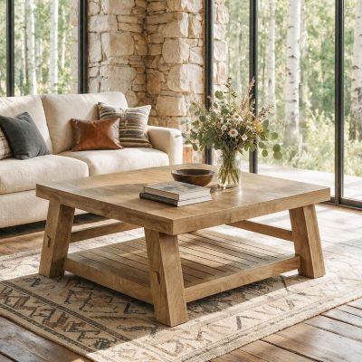 39.4-Inch Square Coffee Table, 2-Tier Wood Coffee Table