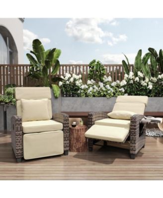 2-Piece Outdoor PE Wicker Recliner Chair Set with Adjustable Backrest, Footrest, Removable Cushion and Flip-Up Side Table