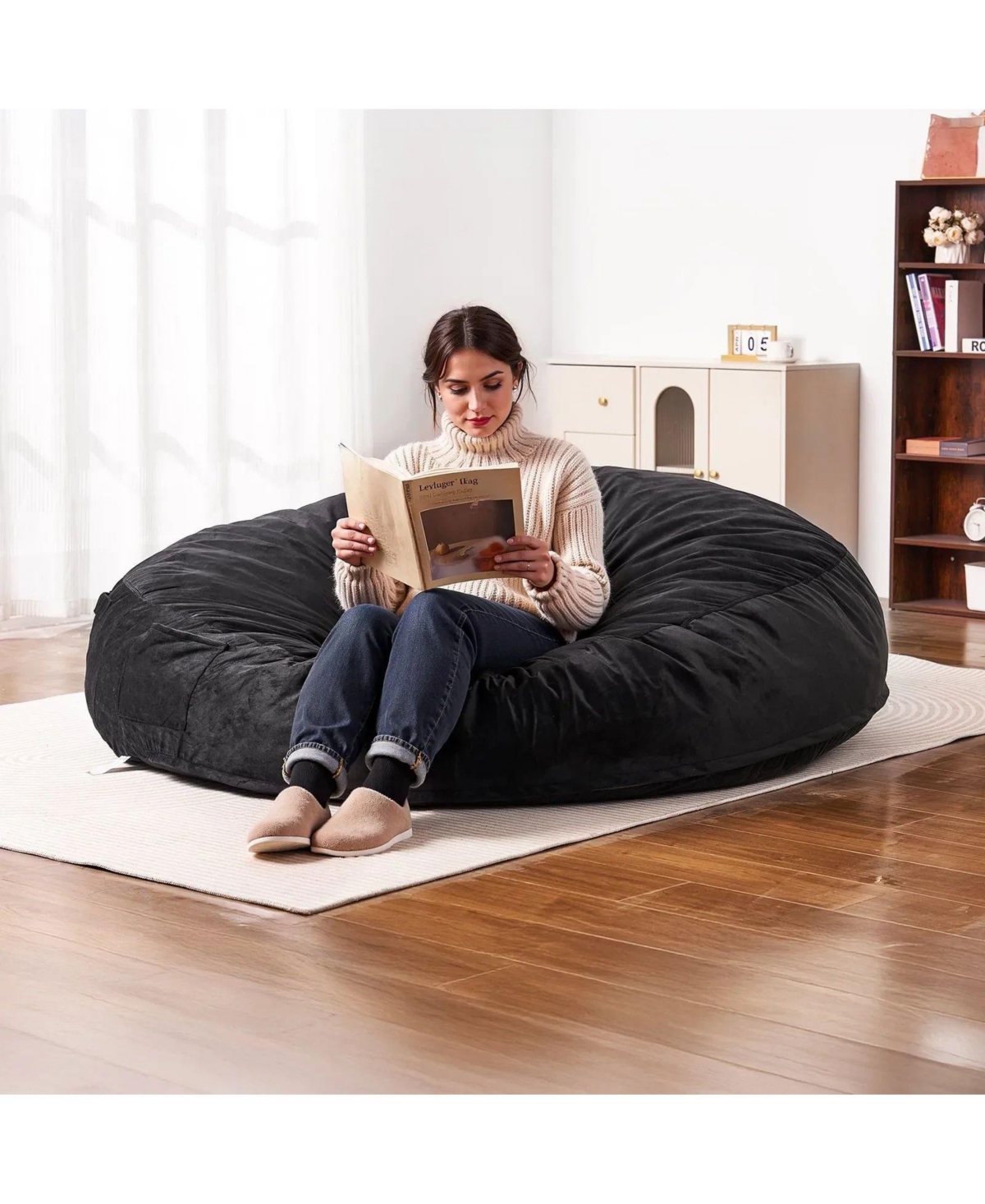 Slickblue Large Round Bean Bag Chair with Velvet Cover, Handle and Side Pocket