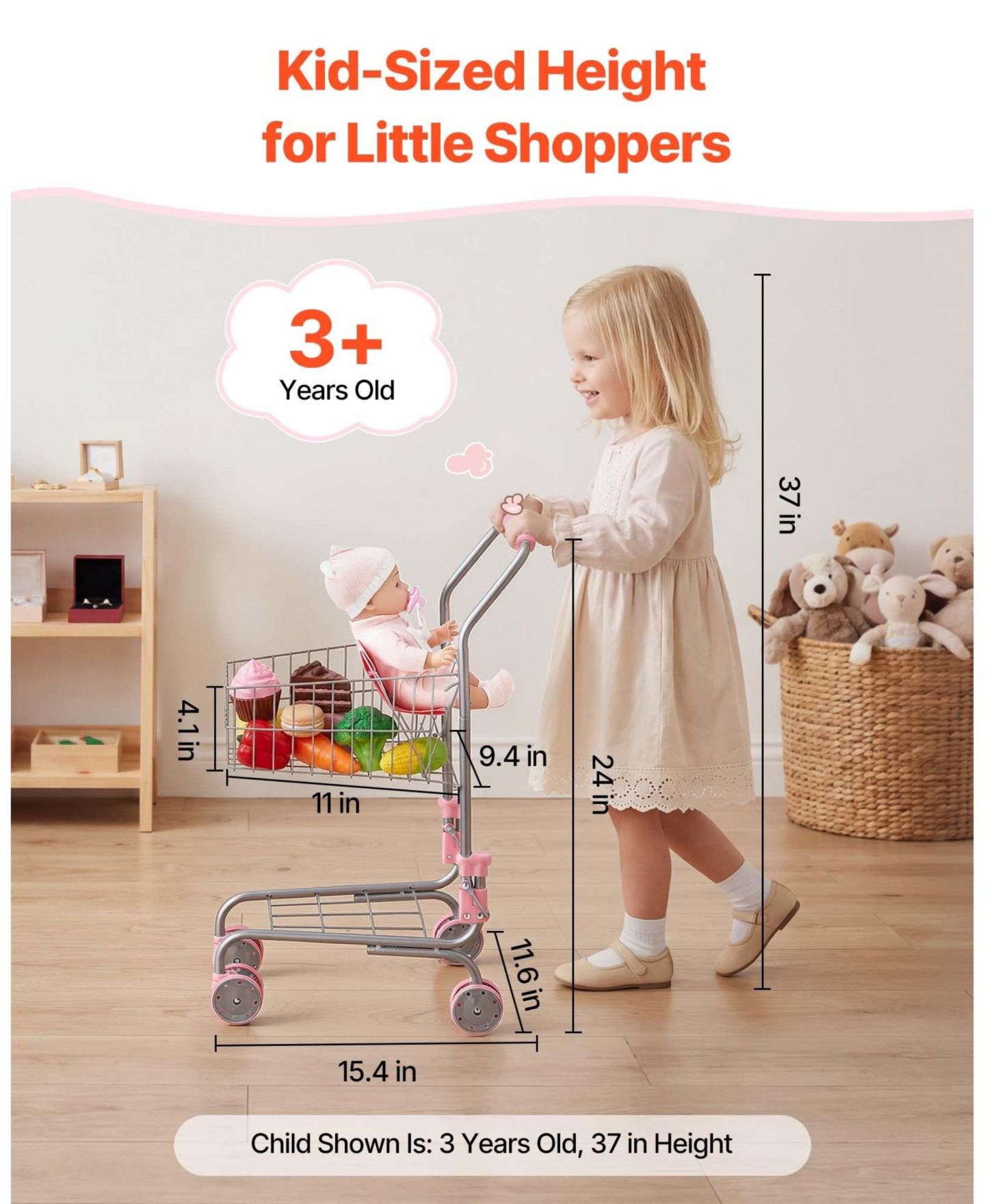 Детская игрушка SUGIFT Kids Pretend Play Shopping Cart with 6 L Basket and 12-in Doll for Ages 3+, цвет: Розовый — фото 3