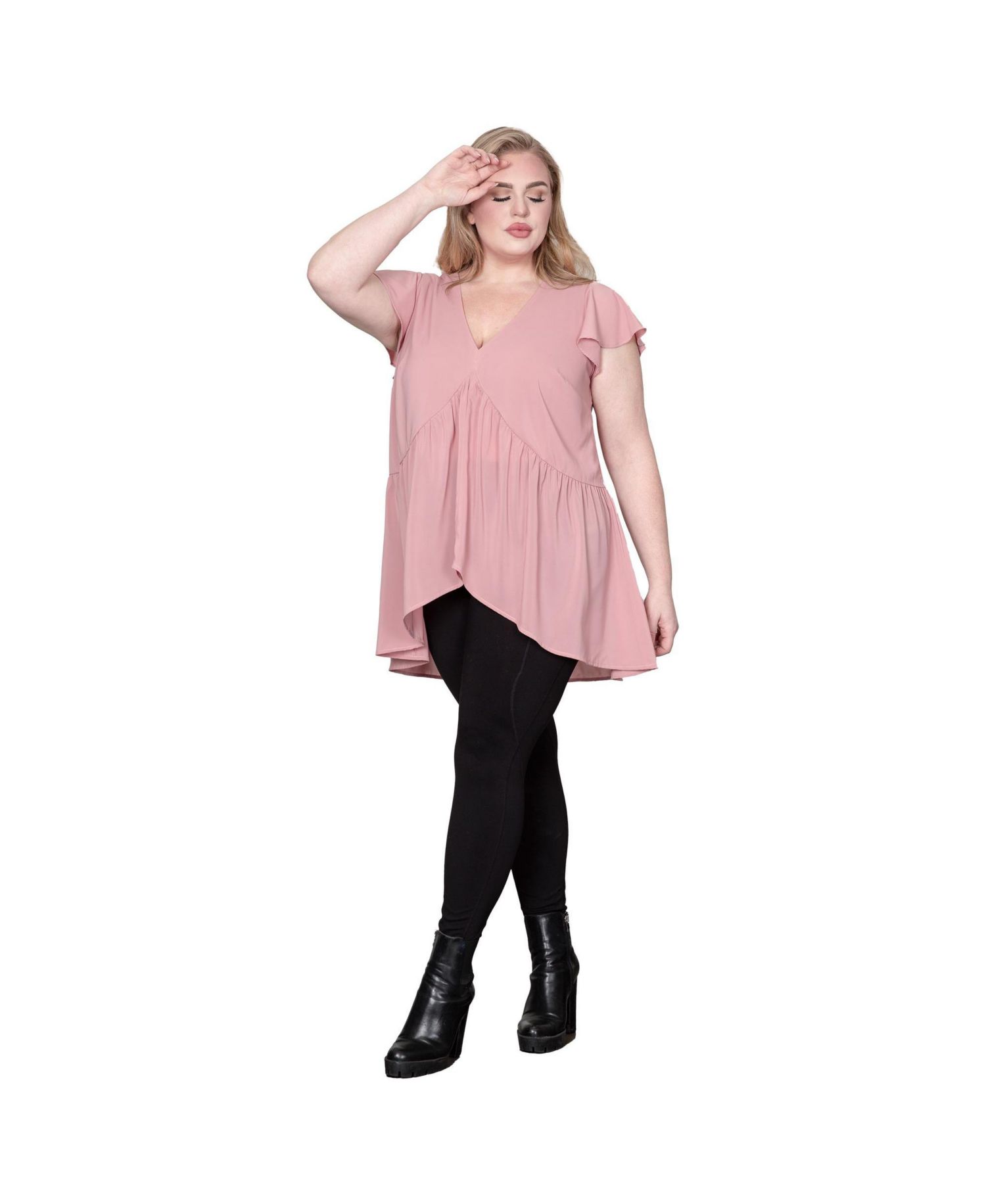 Plus Size Deep V-Neck Ruffle Cap Sleeve High-Low Hem Tunic Blouse