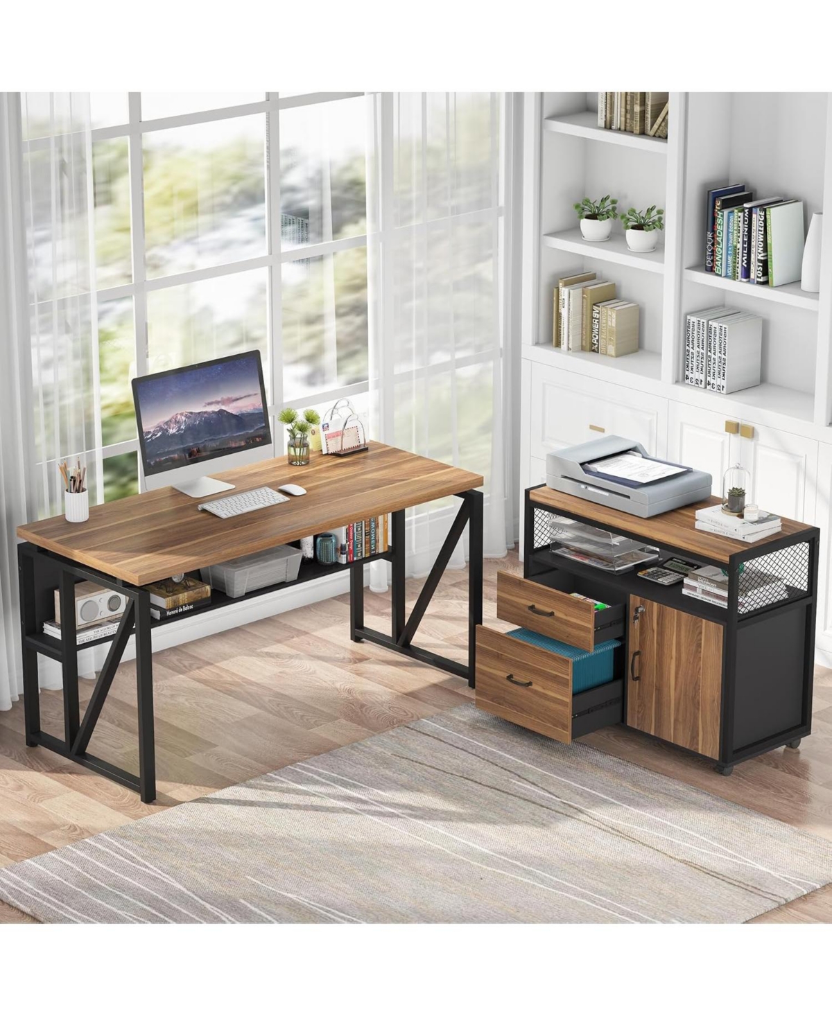 Tribesigns 55" L-Shaped Desk with Lockable File Cabinet