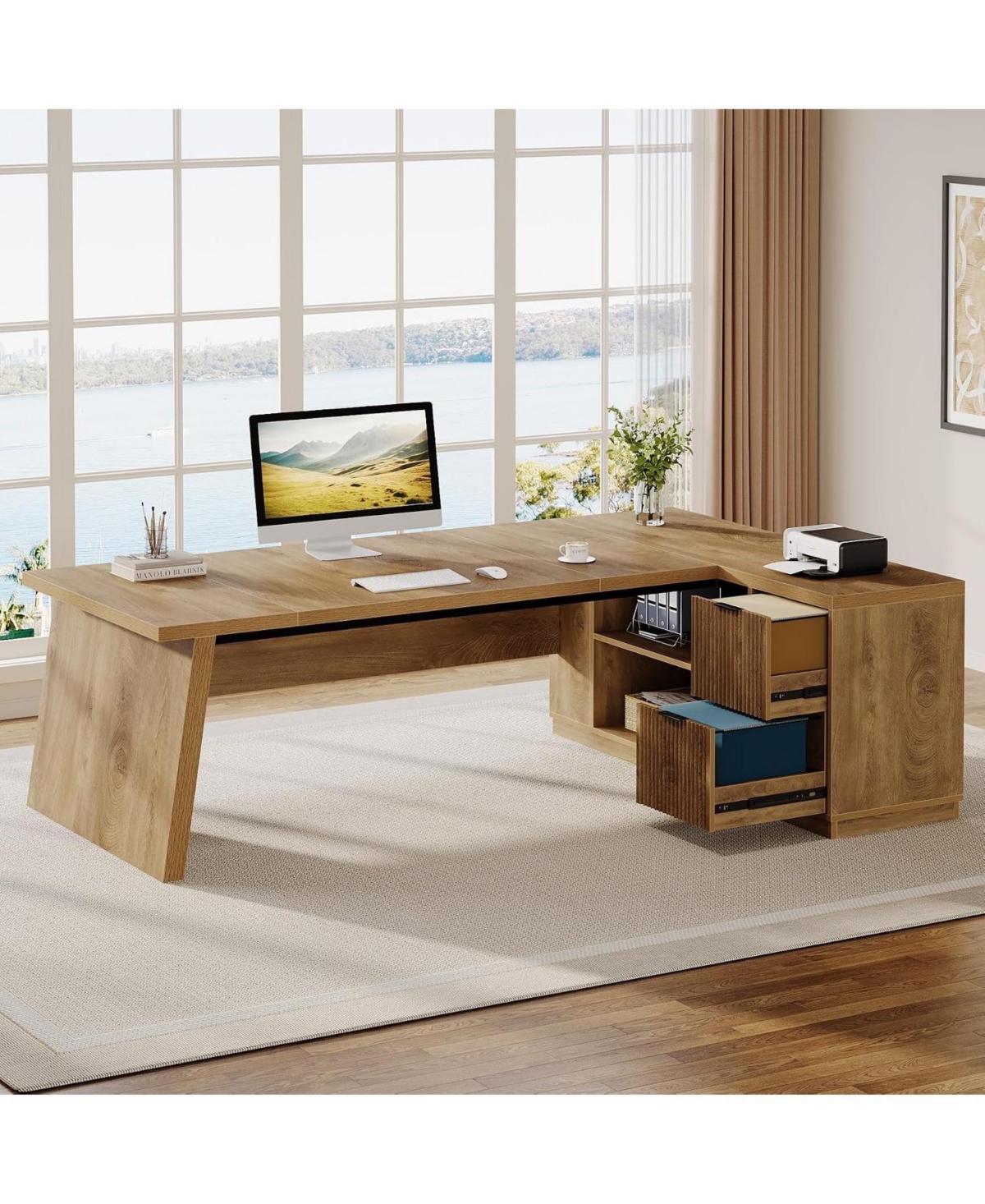 Tribesigns 77.9" L-Shaped Desk with 2 Drawers and Cabinet