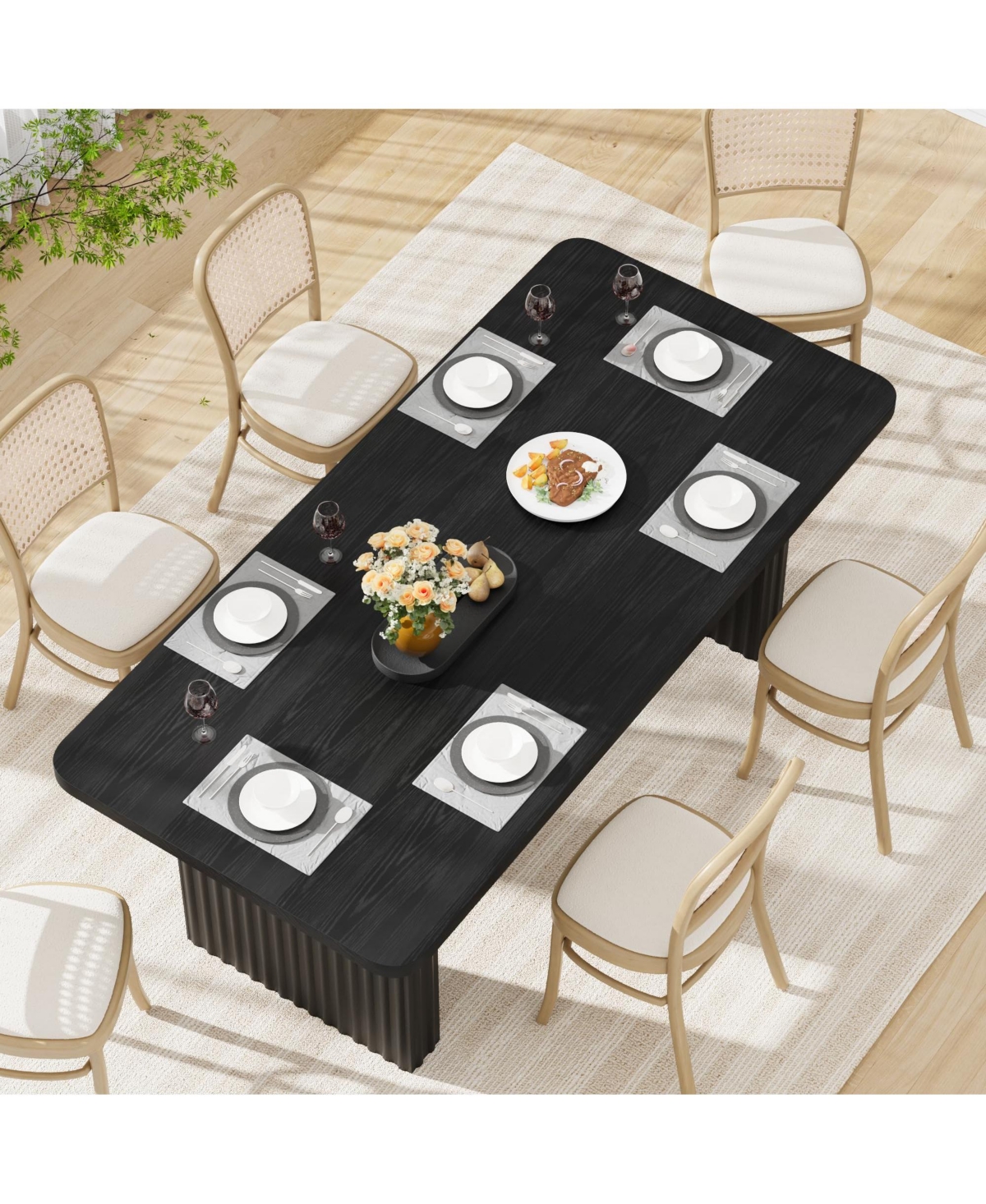 gaomon Modern Dining Table for 6-8 People, Rectangular Farmhouse Kitchen Table with Artistic Fluted Wave Metal Legs, Sleek Wood Top Finish