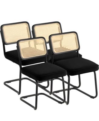 Set of 4 Rattan Dining Chairs with Velvet Upholstered Seats