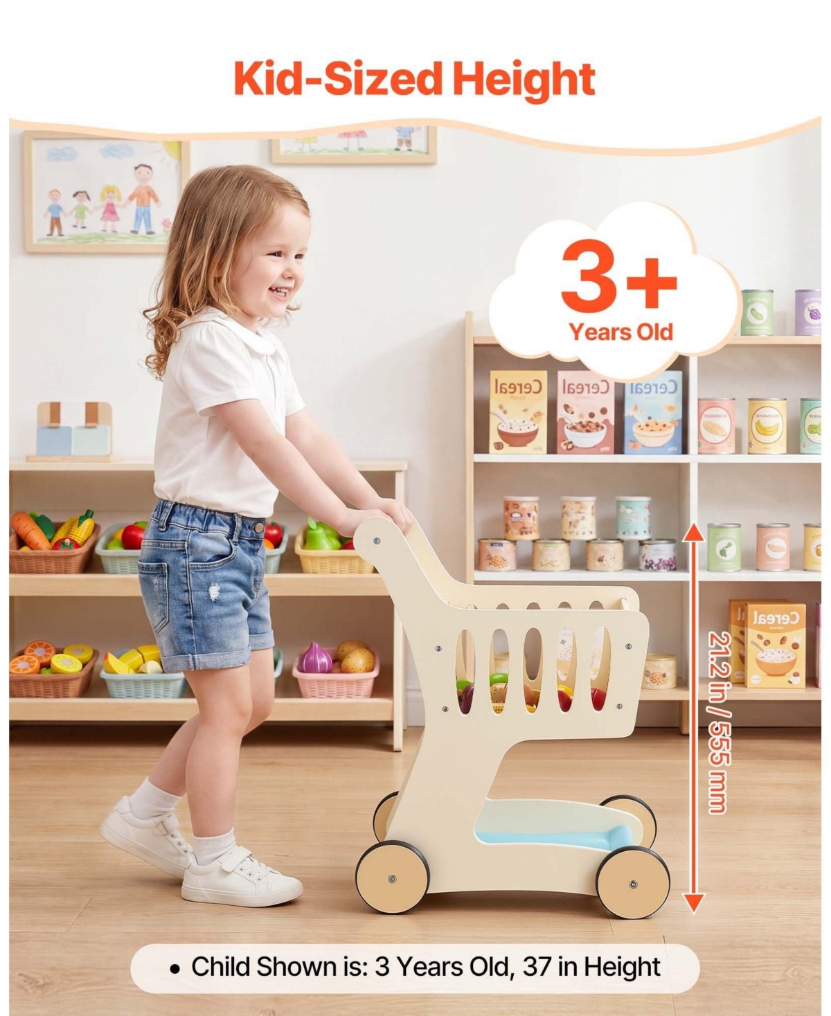 Sugift Wooden Shopping Cart With Storage and Scanner, Ages 3+