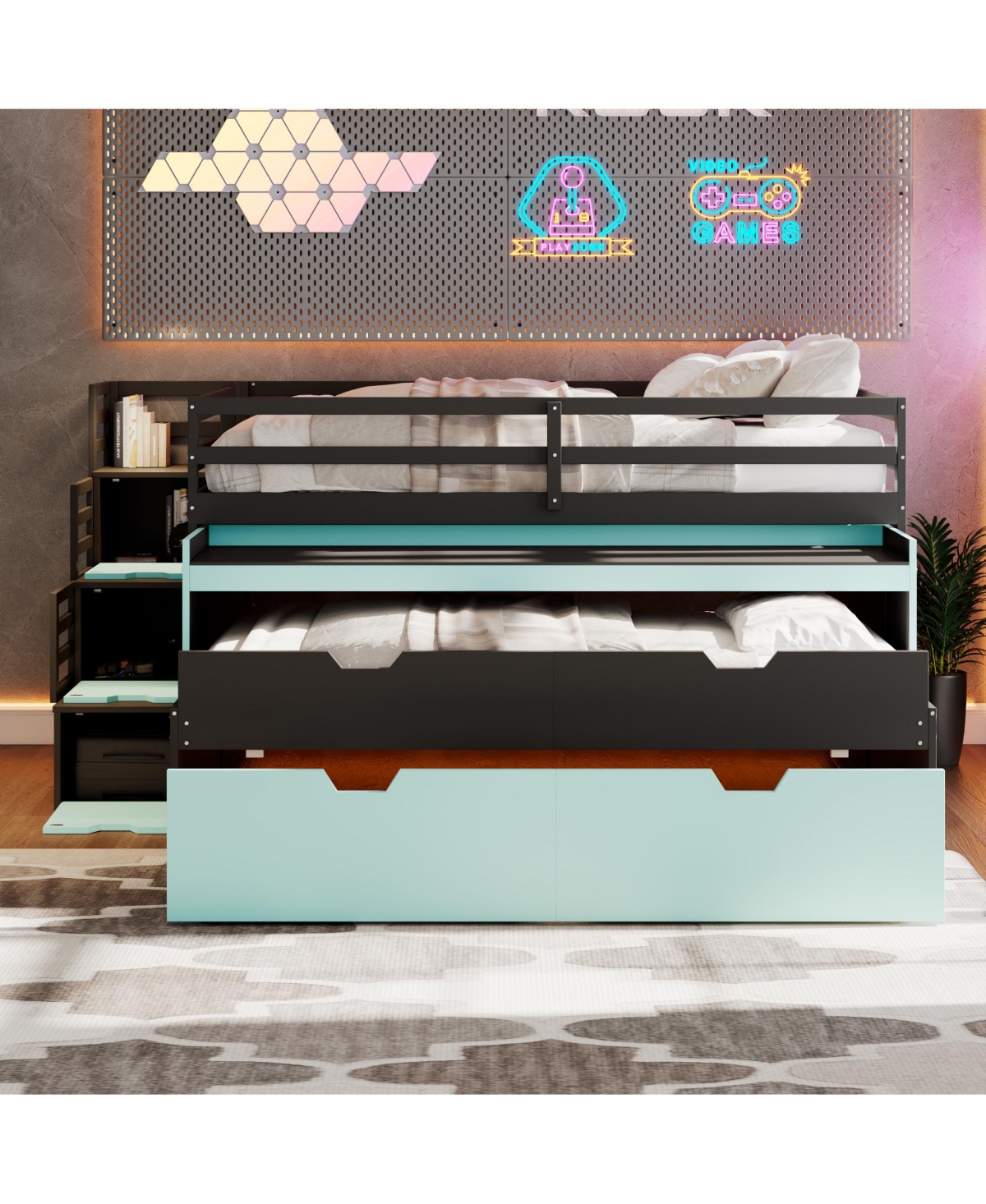 Clihome Full Xl Loft Bed with Pull-Out Desk and Twin Trundle, Multi-Functional Bunk 2 Storage Drawers Steps
