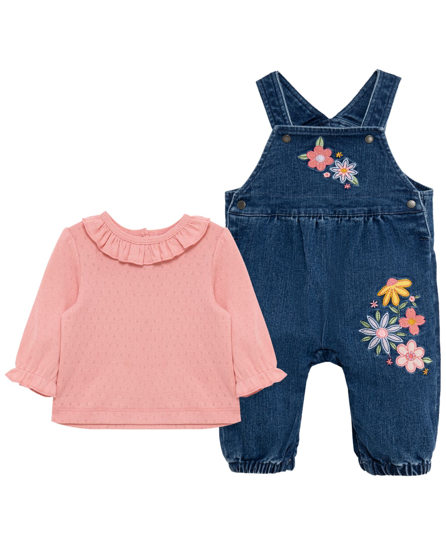 Комплект Little Me Round Neck Top and Flowers Overall, 2-Piece Set для девочек-малышей, цвет: Джинсовый — фото 2