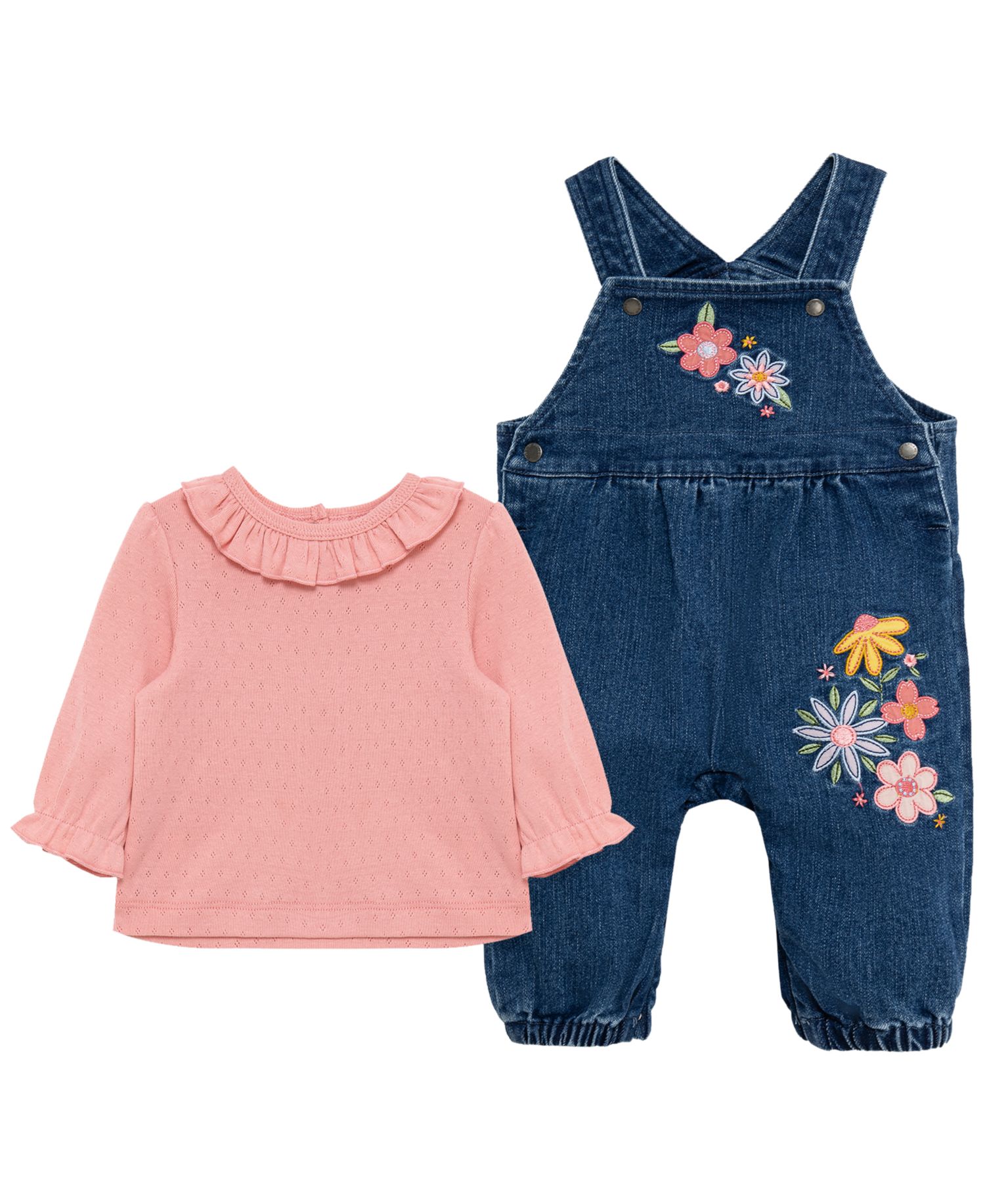 Baby Girls' Round Neck Top and Flowers Overall, 2-Piece Set