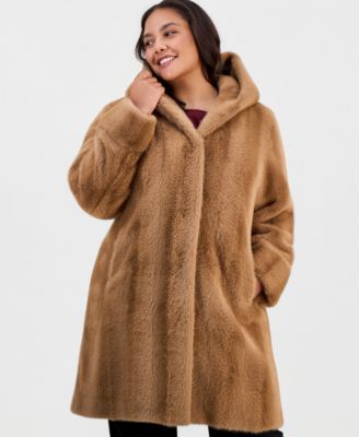 Plus Size Hooded Faux Fur Coat