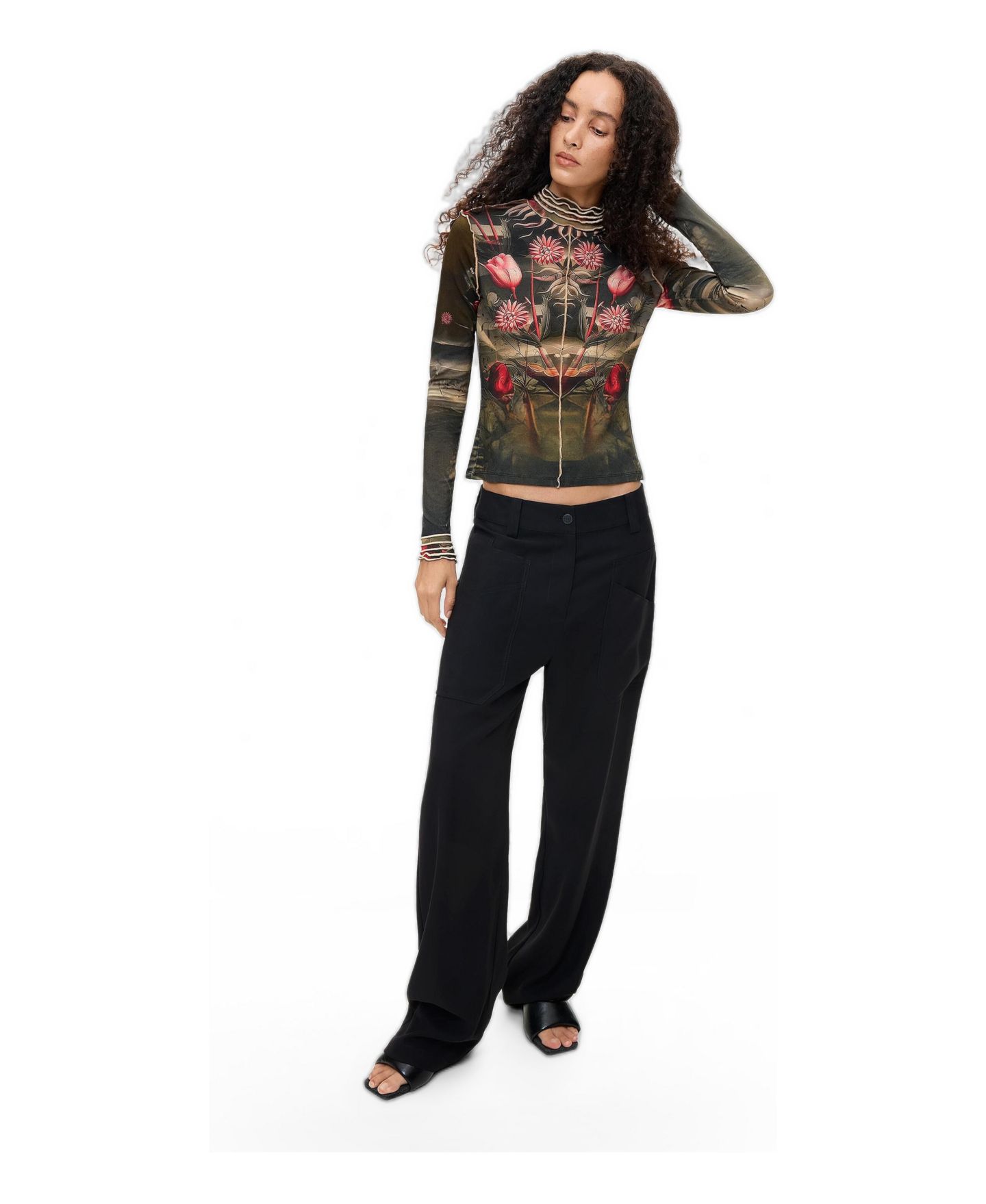 Женская футболка Desigual High Neck Cropped Long-Sleeve, цвет: Чёрный — фото 2