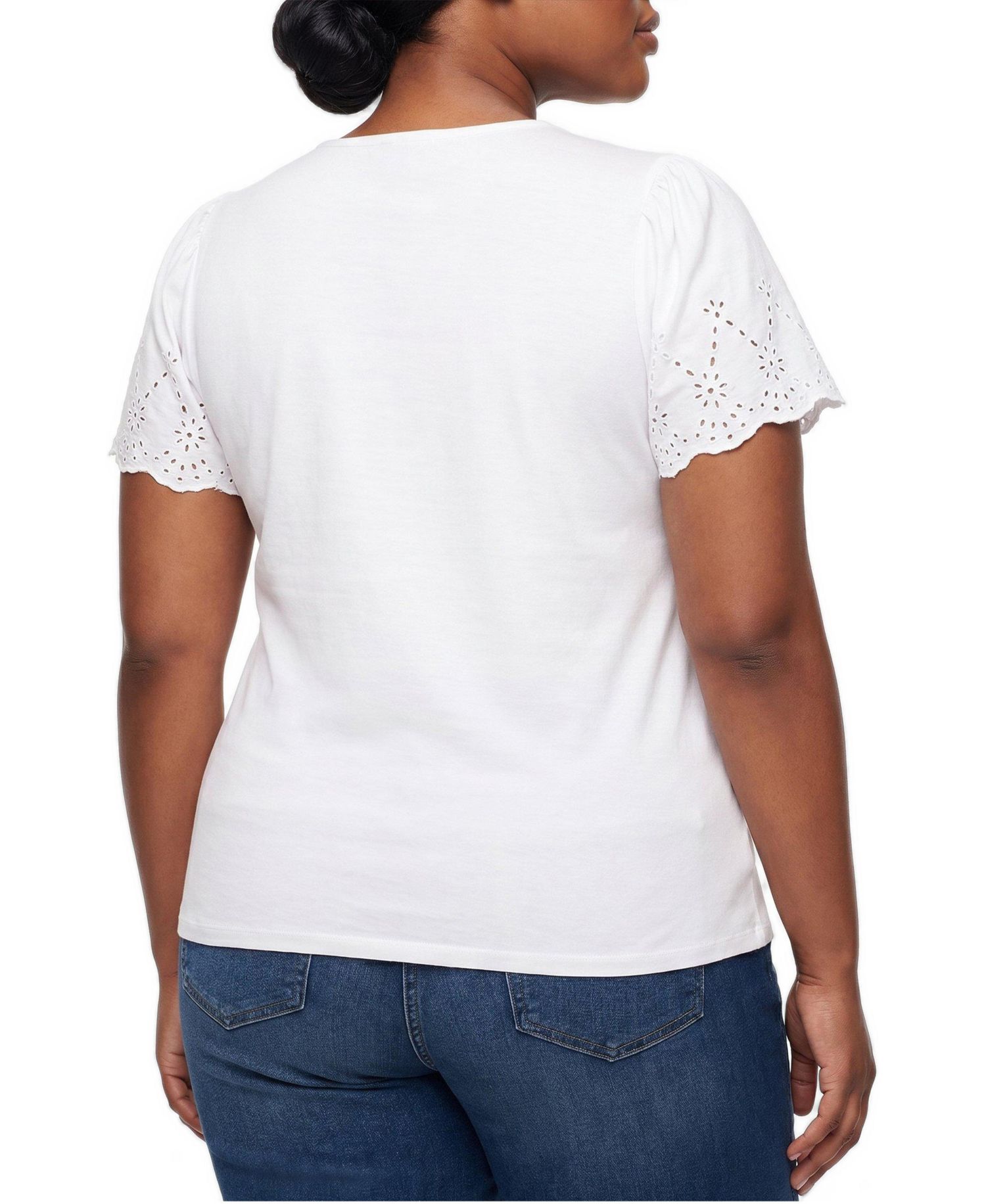 Plus Size Belle Isle Eyelet Scalloped-Edge Cotton Crewneck Short-Sleeve T-Shirt