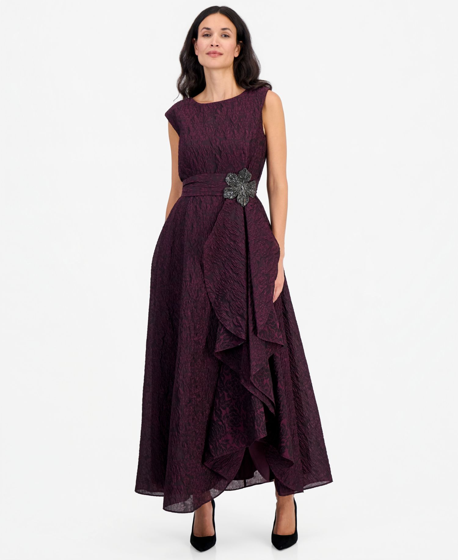 Women's Beaded Crinkle Boat Neck Gown