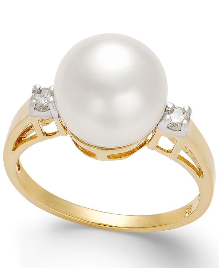 Macy's Cultured Freshwater Pearl (10mm) and Diamond (1/8 ct. t.w.) Ring ...