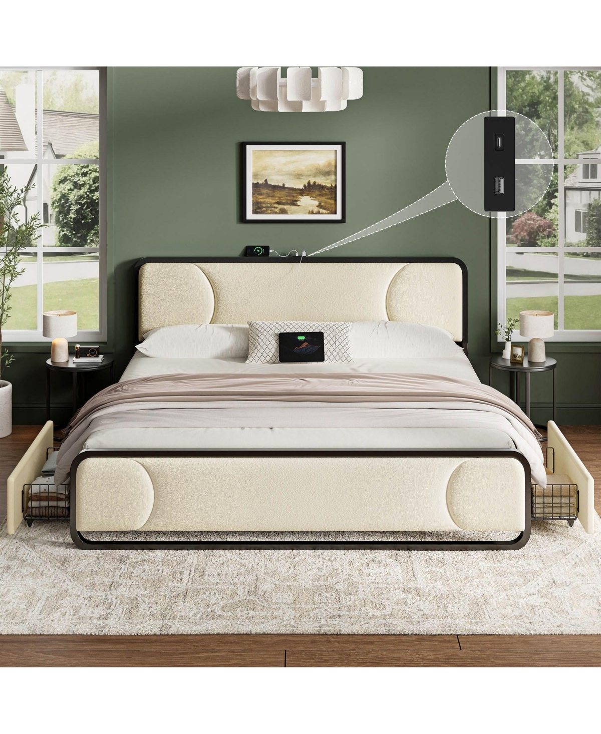 Hausource Curved Tufted Velvet Platform Bed, 4-Way Placeable Underbed Drawers, Bedside Charging Station