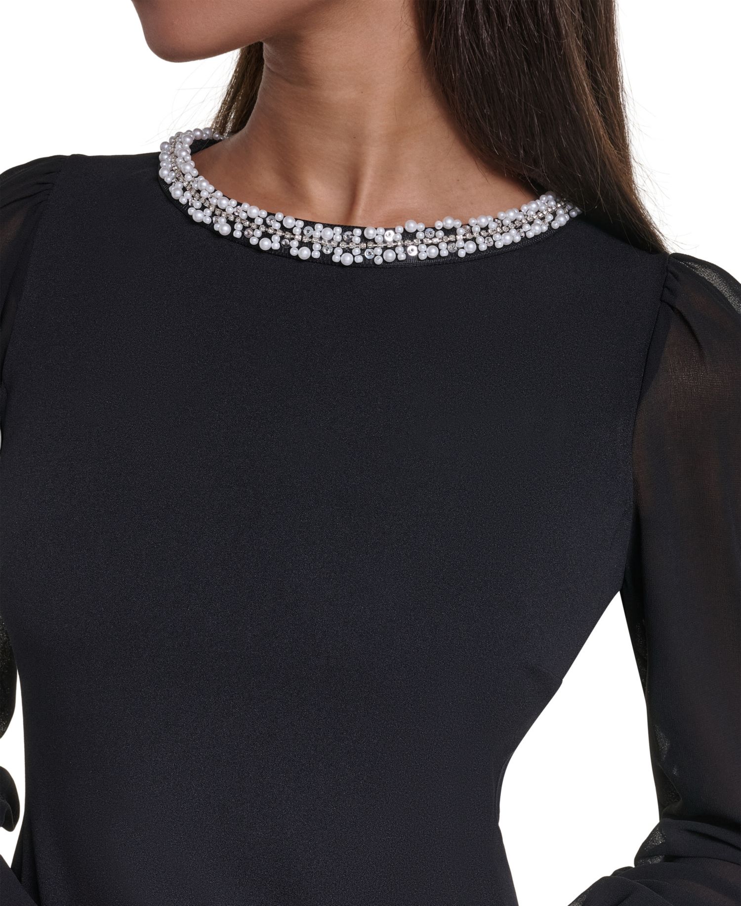 Women's Scuba Crepe Long-Sleeve Embellished Crewneck Sheath Dress