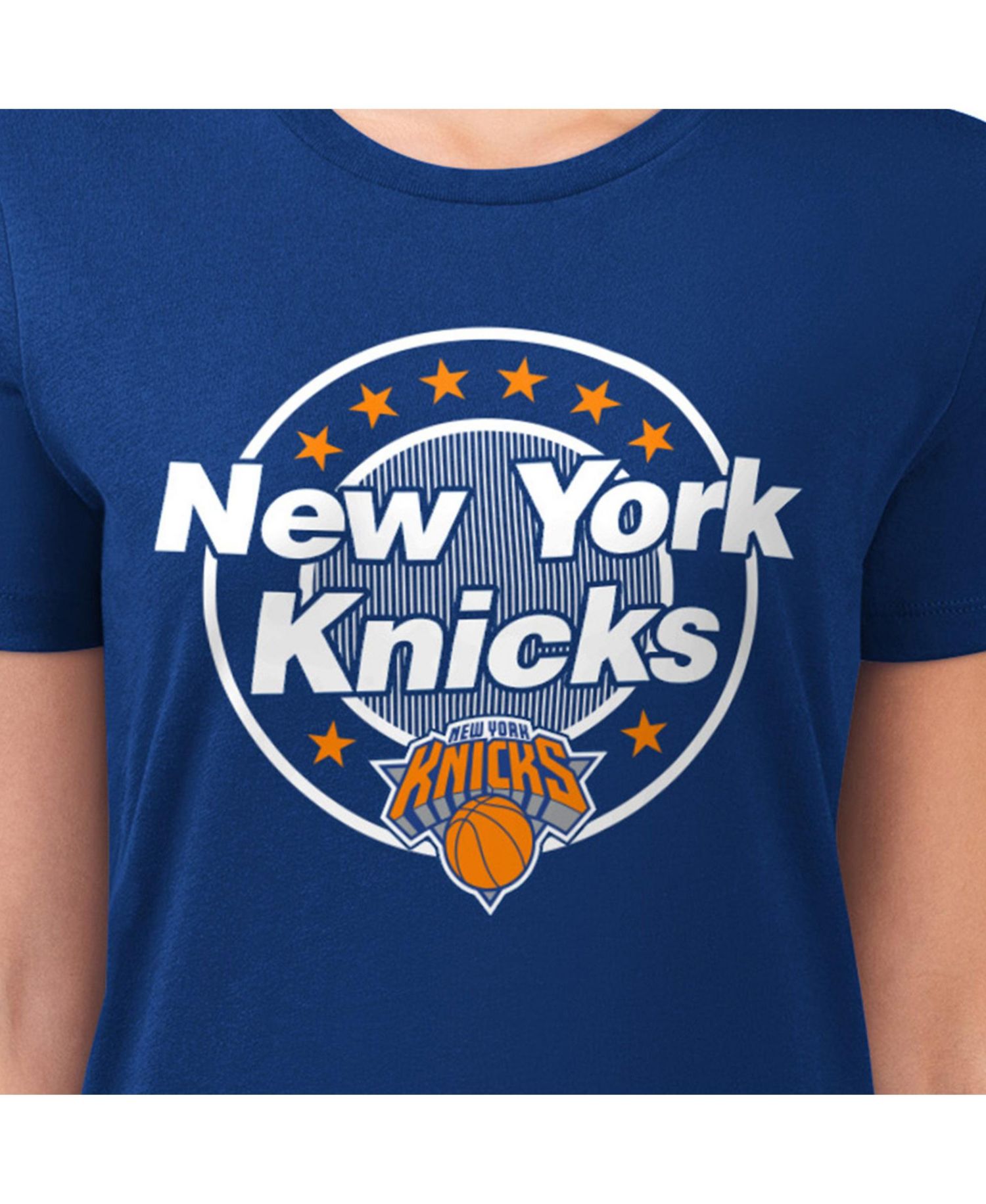 Women's Blue New York Knicks Super-Slim Lightweight Pinstripe Circle Graphic T-Shirt