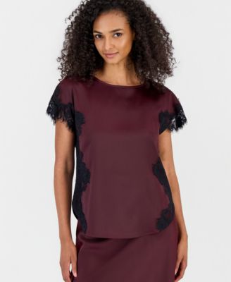 Women's Short-Sleeve Lace-Trim Satin Top