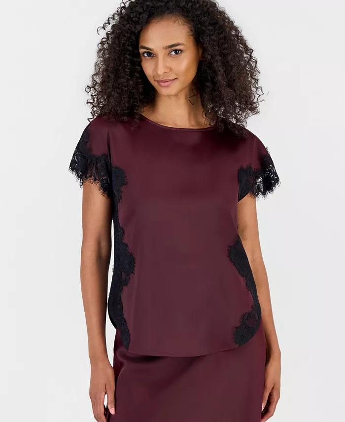 Women's Short-Sleeve Lace-Trim Satin Top