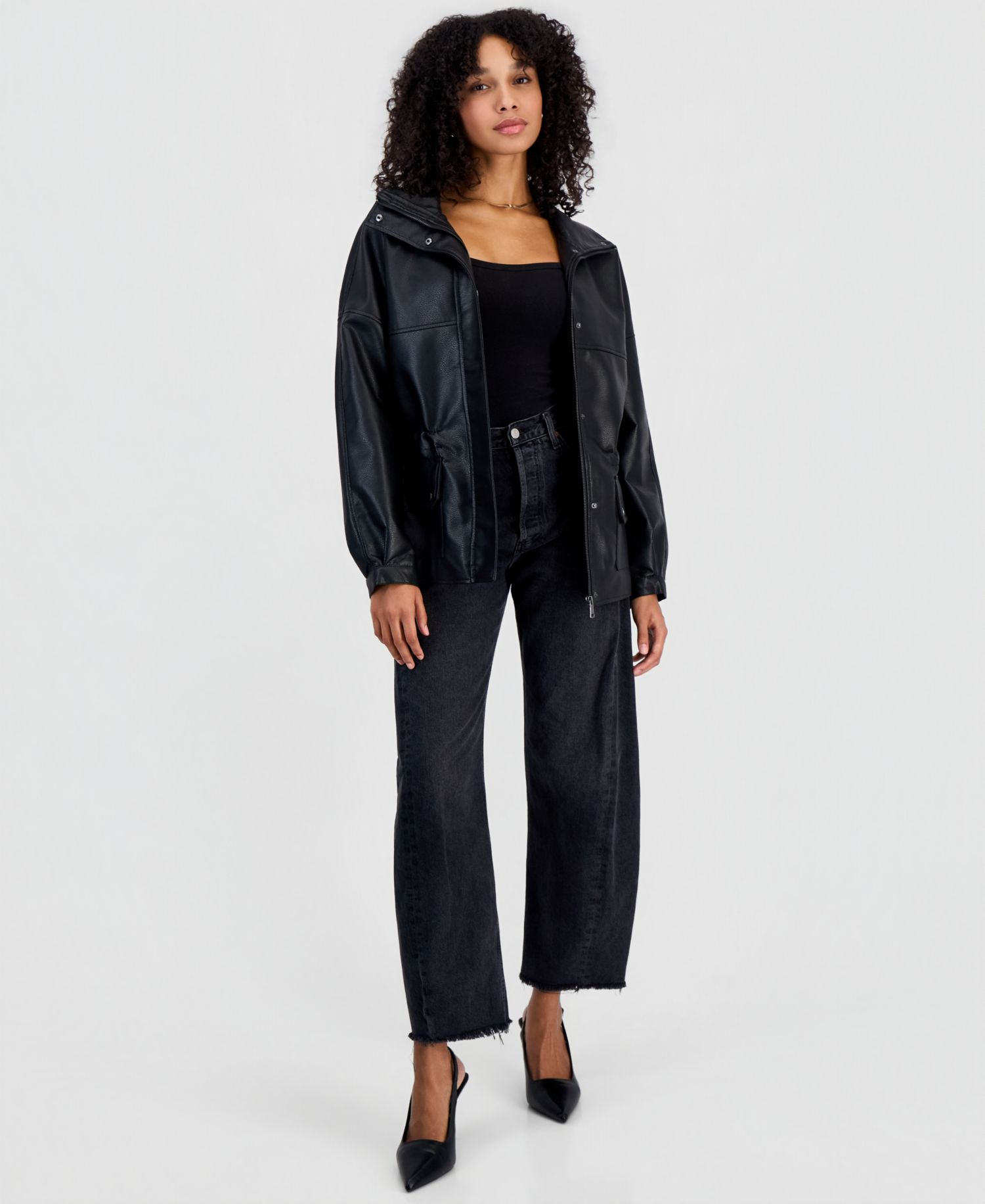 Women's Peplum Oversized Funnel-Neck Faux Leather Jacket