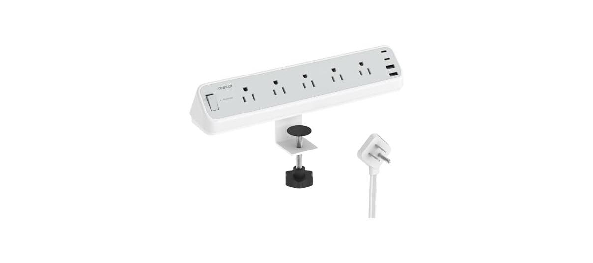 Tessan PS06 Surge Protector Desk Clamp 10-Foot Power Strip with 5 Outlets and 2 Usb-c Ports for phones, tablets and personal devices - Grey