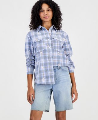Women's Plaid Long-Sleeve Cord-Embroidered Button-Up Shirt