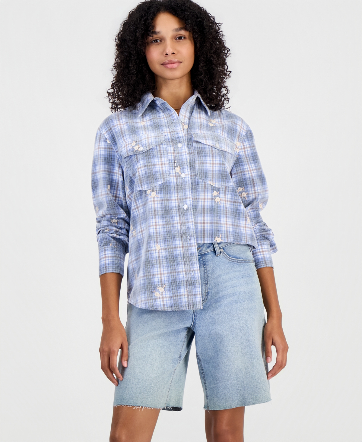 And Now This Women's Plaid Long-Sleeve Cord-Embroidered Button-Up Shirt, Macy's Exclusive