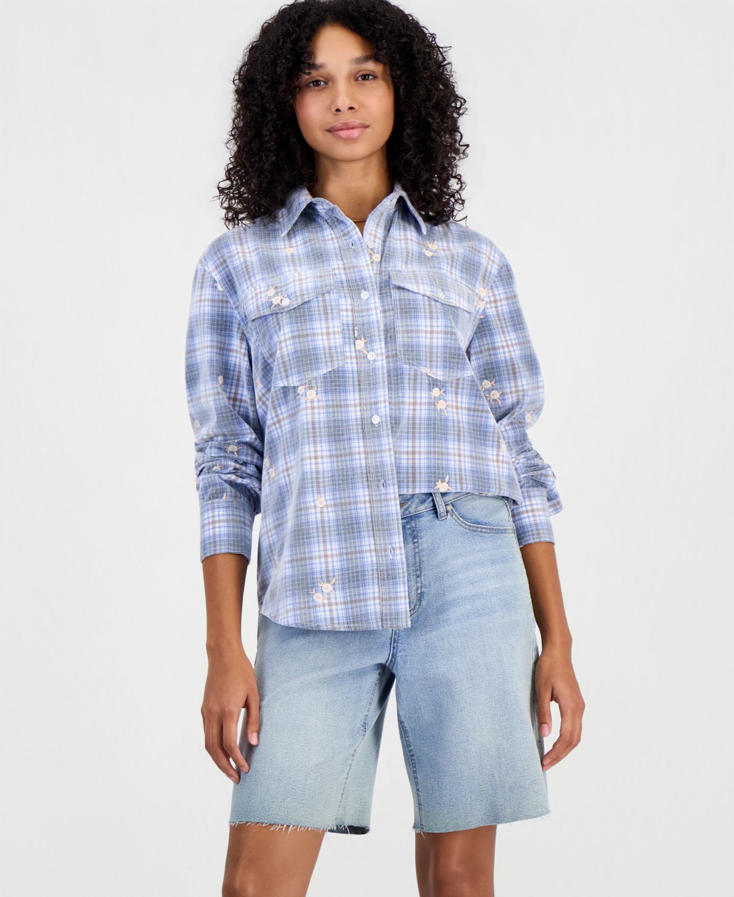 Women's Plaid Long-Sleeve Cord-Embroidered Button-Up Shirt