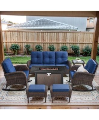 7-Piece Outdoor Wicker Nighttime Conversation Set for Family Gatherings and Cozy Backyard Nights with Sofa, Rocking Chairs and Ottomans