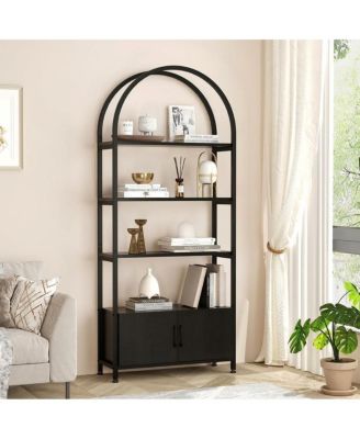 31.5"W x 11"D x 71.3"H Engineered Wood and Iron Double Door Bookcase, N-Shape Storage Cabinet for Home Office Living Room Bedroom - Black