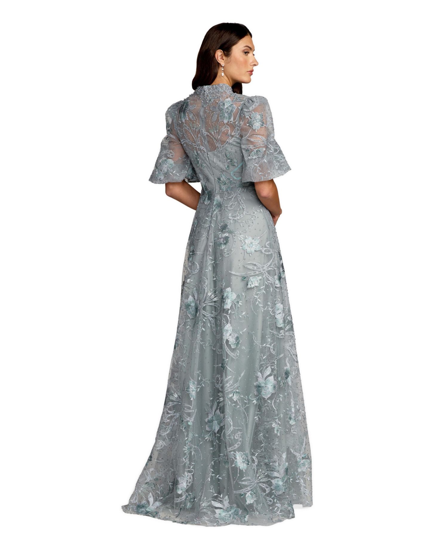 Petite Embroidered Queen Anne Puff Sleeve A Line Gown