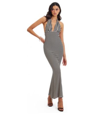 Women's Hannah Striped Plunging-Halter Mermaid Maxi Dress