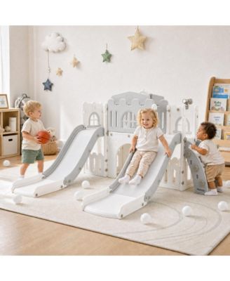 10-in-1 Freestanding Double Toddler Slide, Dual Side-by-Side Slide for Indoor Outdoor Playground, HDPE Sturdy Climber Playset for Children Ages 1-3