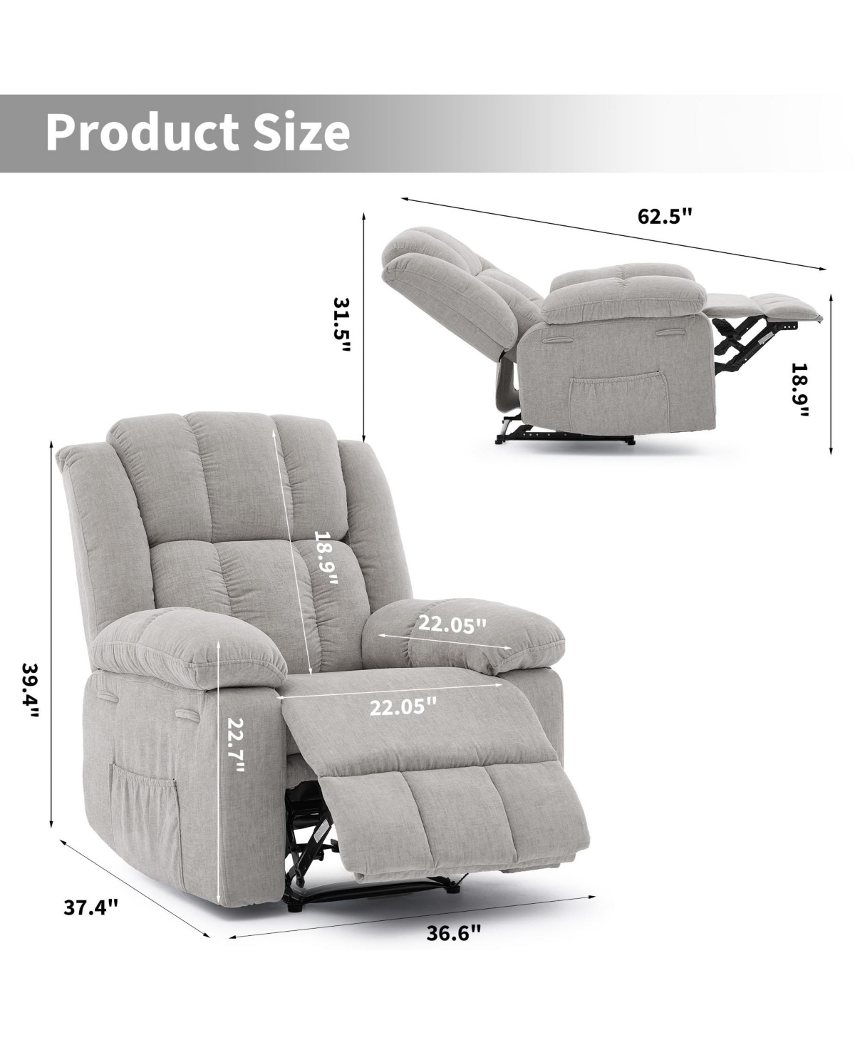 Oversized Recliner Chair for Adults Ergonomic Manual Recliner, Extra Wide Upholstery Comfortable Lounge Sofa for Living Room Bedroom for Elderly
