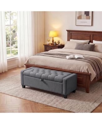 51 in. Upholstered Storage Bench with Lift-Up Seat, Linen Fabric Bed Bench with Hidden Storage, Rubberwood Legs for Bedroom Entryway, Gray